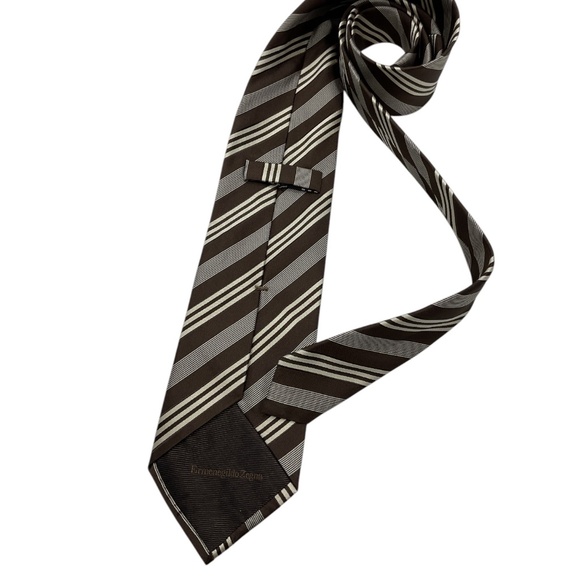 ERMENEGILDO ZEGNA Brown/Ivory Striped Silk LUXURY Tie ITALY - Picture 2 of 5